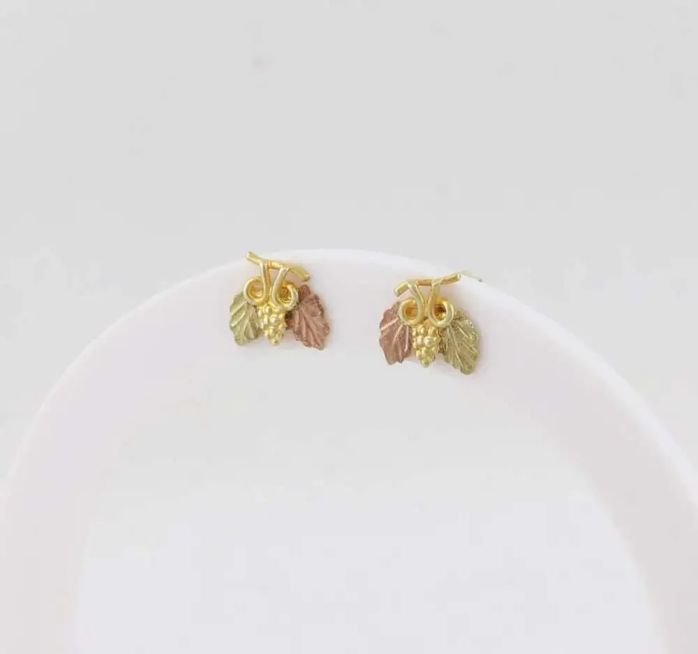 12k Yellow Gold Black Hills Gold Leaf Earrings Stud Post 3/8